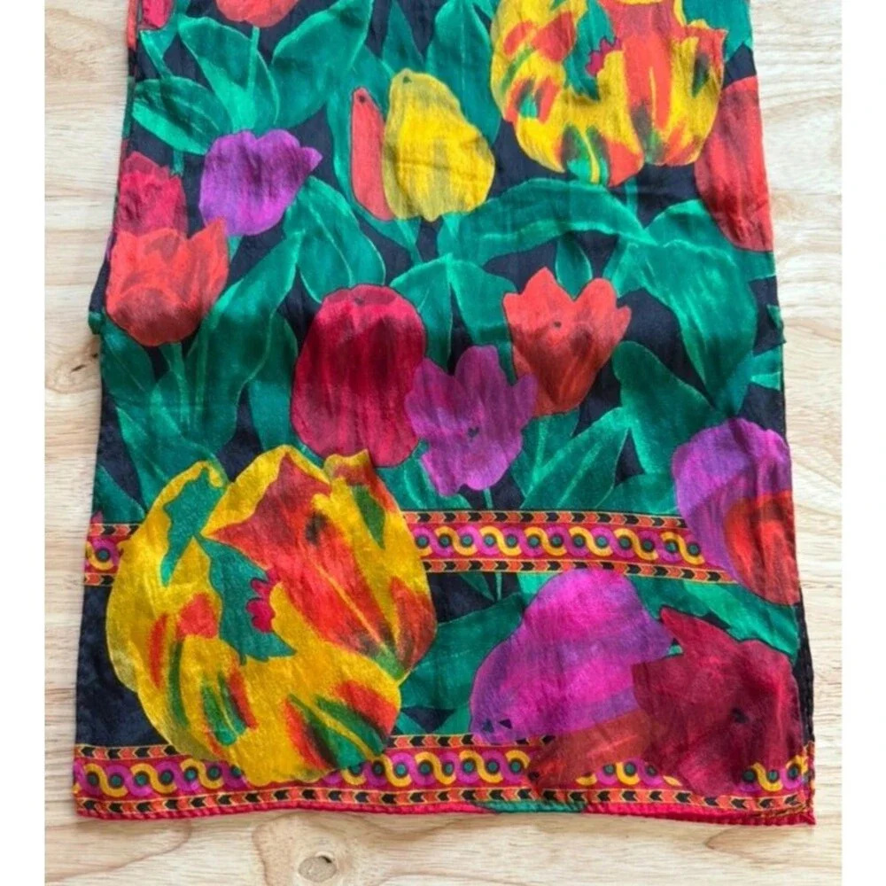 Vintage 1989 Liz Claiborne 100% Silk Scarf Bold Abstract Floral Jewel Tone 52x10